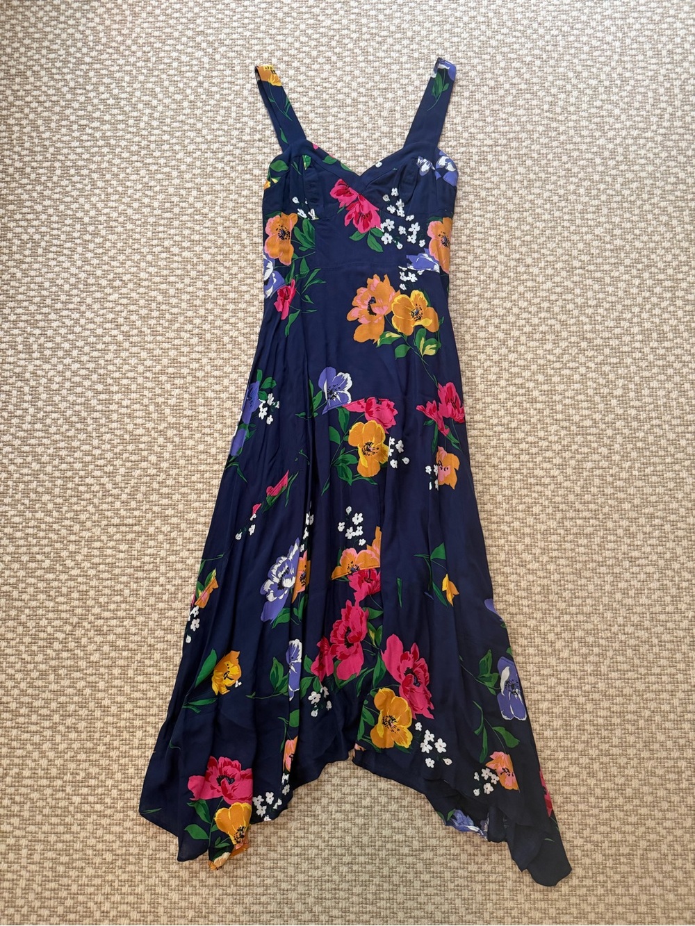 Anthropologie Navy Floral Asymmetrical Sundress
